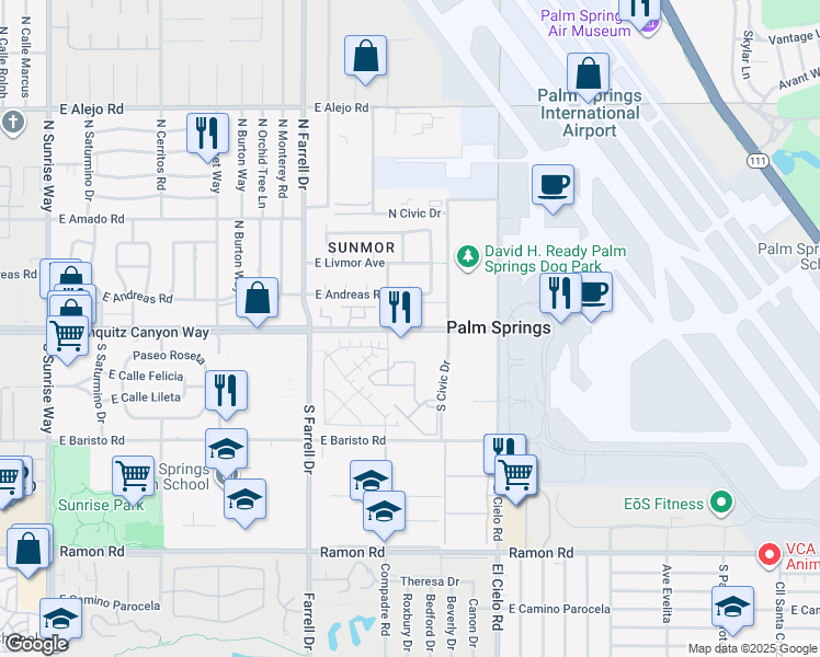 map of restaurants, bars, coffee shops, grocery stores, and more near 2900 East Tahquitz Canyon Way in Palm Springs