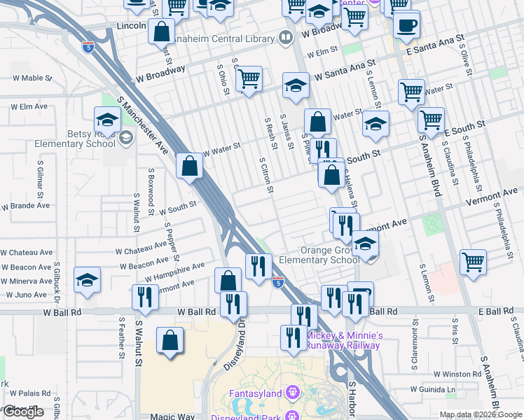 map of restaurants, bars, coffee shops, grocery stores, and more near 816 West Irving Place in Anaheim