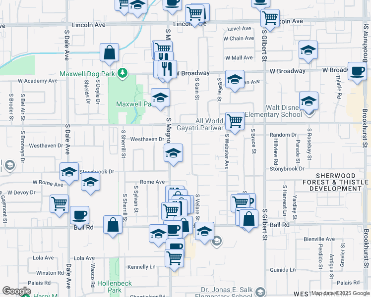 map of restaurants, bars, coffee shops, grocery stores, and more near 2580 West Orange Avenue in Anaheim