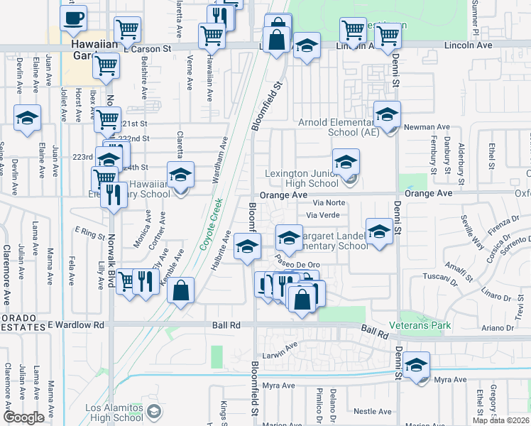 map of restaurants, bars, coffee shops, grocery stores, and more near 4056 Avenida Sevilla in Cypress
