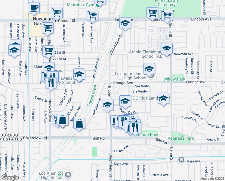 map of restaurants, bars, coffee shops, grocery stores, and more near 9556 Bloomfield Street in Cypress