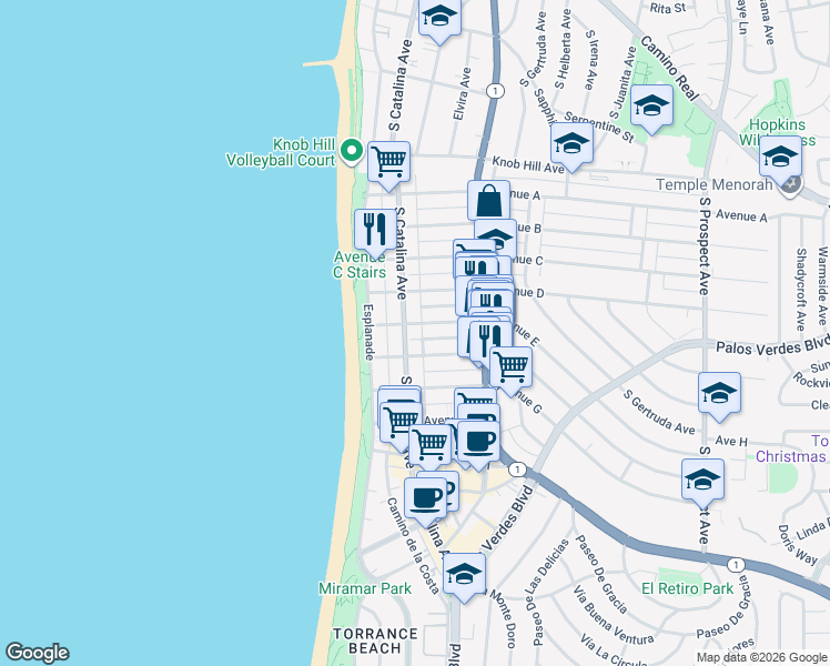 map of restaurants, bars, coffee shops, grocery stores, and more near 208 Avenue E in Redondo Beach