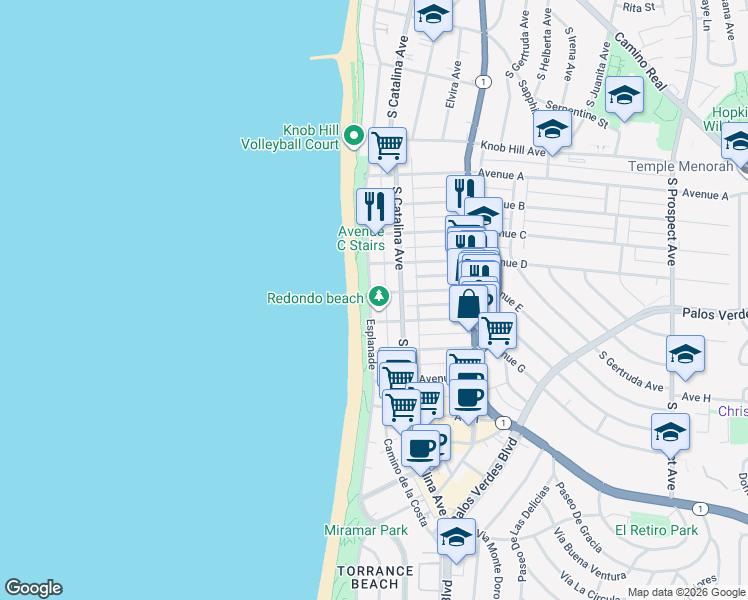 map of restaurants, bars, coffee shops, grocery stores, and more near 125 Avenue E in Redondo Beach