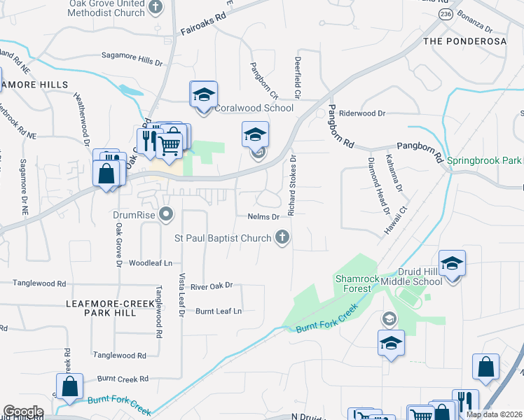 map of restaurants, bars, coffee shops, grocery stores, and more near 1389 Oakridge Circle in Decatur