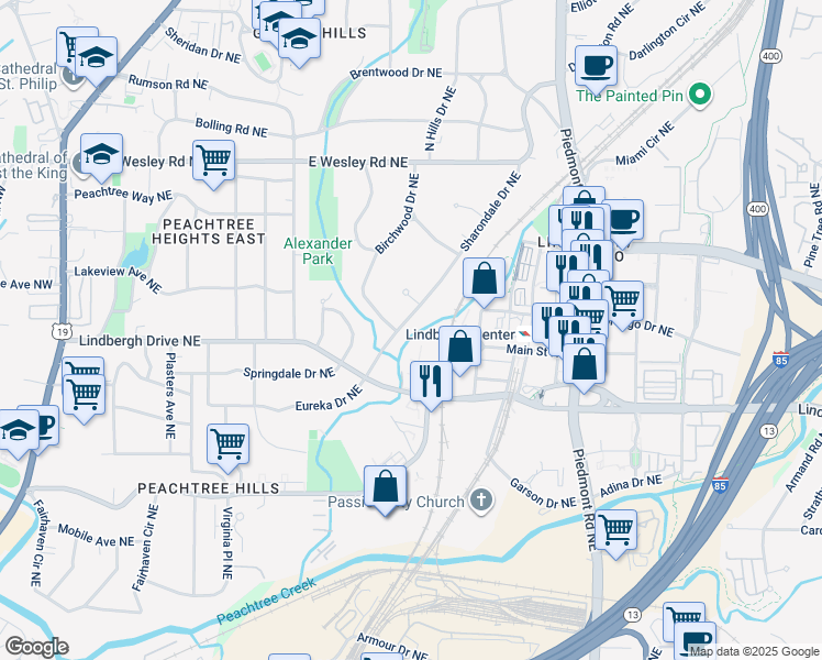 map of restaurants, bars, coffee shops, grocery stores, and more near 2535 Sharondale Drive Northeast in Atlanta