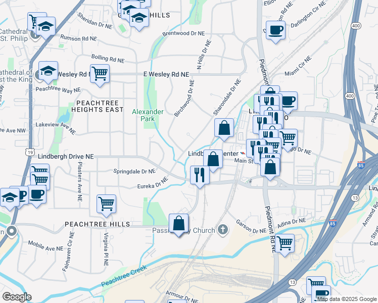 map of restaurants, bars, coffee shops, grocery stores, and more near 2535 Sharondale Drive Northeast in Atlanta