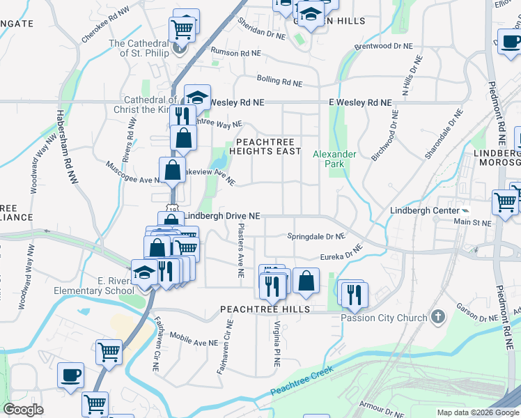 map of restaurants, bars, coffee shops, grocery stores, and more near 150 Lindbergh Drive Northeast in Atlanta