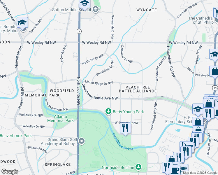 map of restaurants, bars, coffee shops, grocery stores, and more near 496 Manor Ridge Drive Northwest in Atlanta