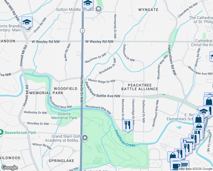 map of restaurants, bars, coffee shops, grocery stores, and more near 496 Manor Ridge Drive Northwest in Atlanta