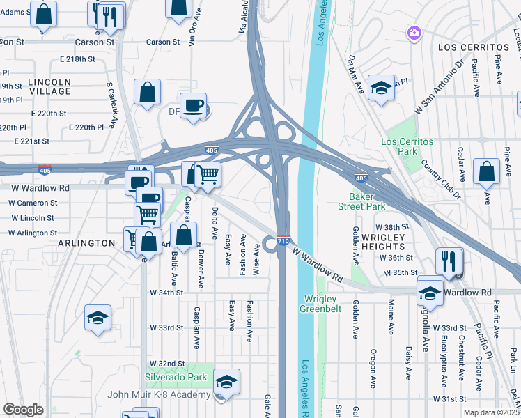 map of restaurants, bars, coffee shops, grocery stores, and more near 1219 West Maddox Street in Long Beach