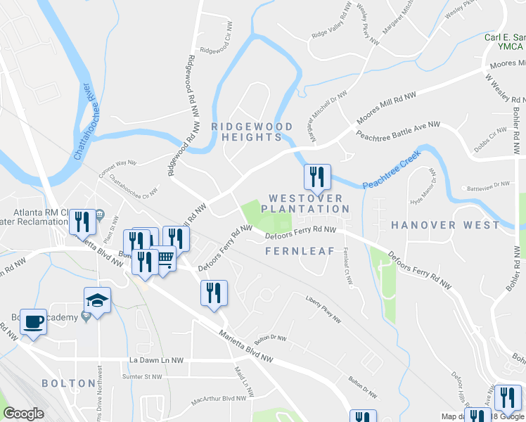 map of restaurants, bars, coffee shops, grocery stores, and more near 2465 Warren Street Northwest in Atlanta