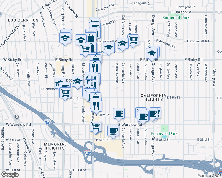 map of restaurants, bars, coffee shops, grocery stores, and more near 3626 Olive Avenue in Long Beach