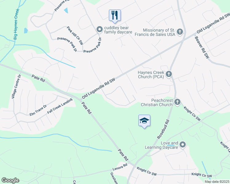 map of restaurants, bars, coffee shops, grocery stores, and more near 1916 Logan Ridge Circle in Loganville