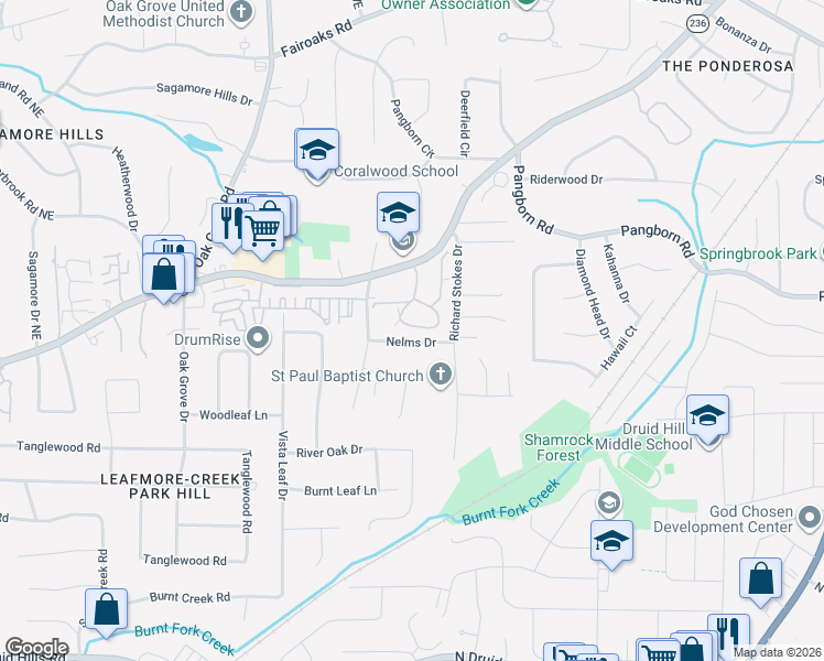 map of restaurants, bars, coffee shops, grocery stores, and more near 1389 Oakridge Circle in Decatur