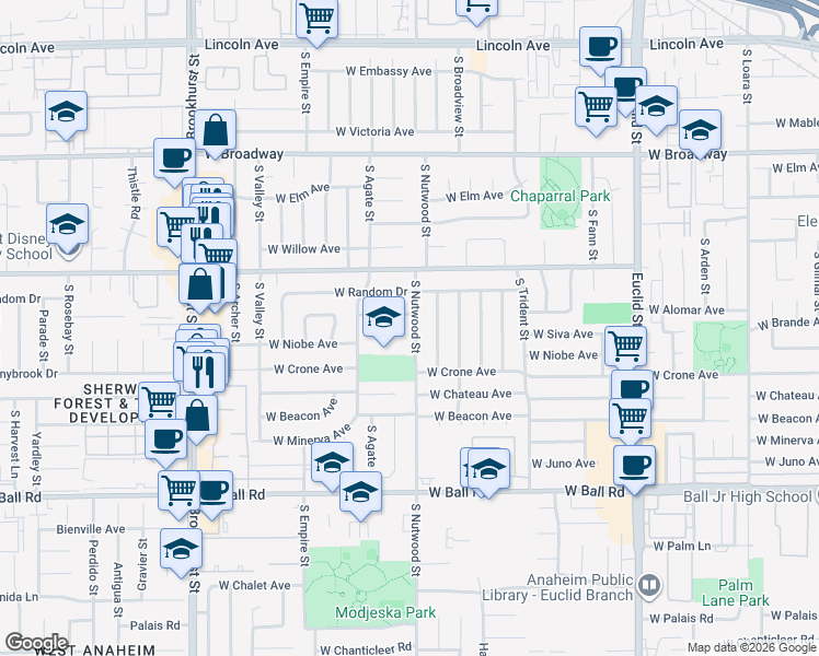 map of restaurants, bars, coffee shops, grocery stores, and more near 1915 West Clearbrook Lane in Anaheim