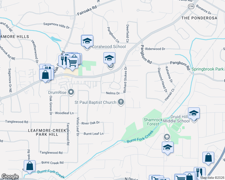 map of restaurants, bars, coffee shops, grocery stores, and more near 1389 Oakridge Circle in Decatur