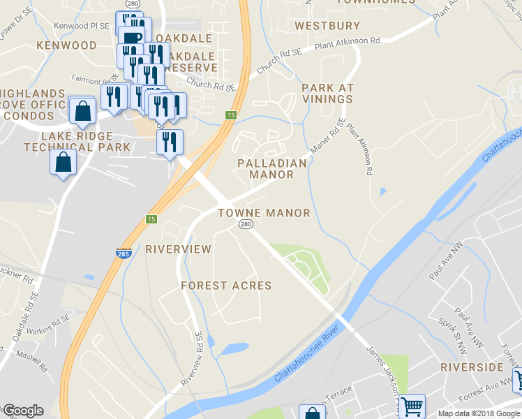 map of restaurants, bars, coffee shops, grocery stores, and more near 2355 Towneview Court Southeast in Smyrna