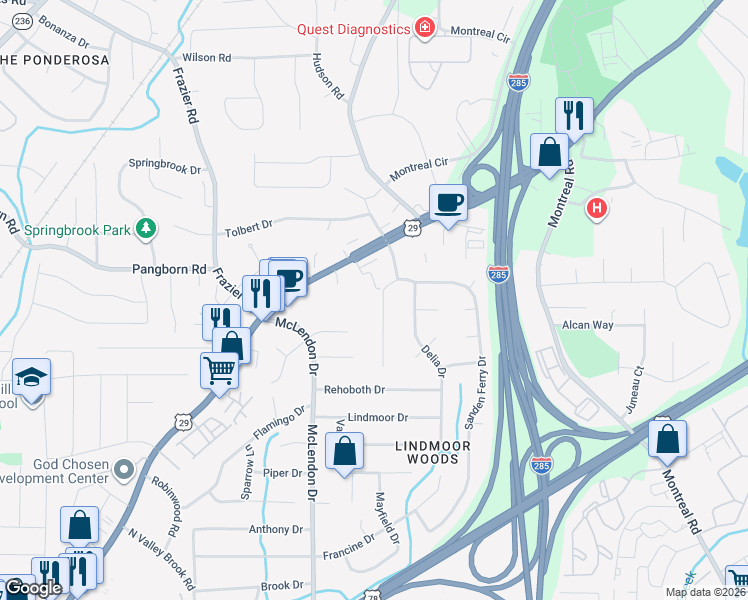 map of restaurants, bars, coffee shops, grocery stores, and more near 1442 Linkwood Lane in Decatur