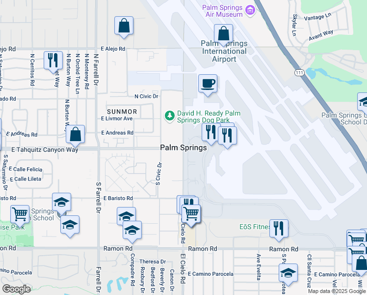 map of restaurants, bars, coffee shops, grocery stores, and more near 1087 Vista Sol in Palm Springs