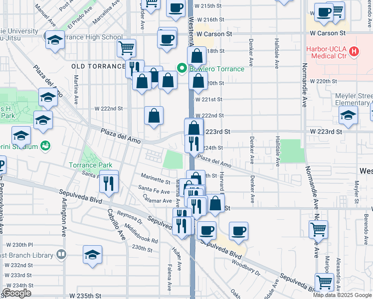 map of restaurants, bars, coffee shops, grocery stores, and more near 22395 South Western Avenue in Torrance