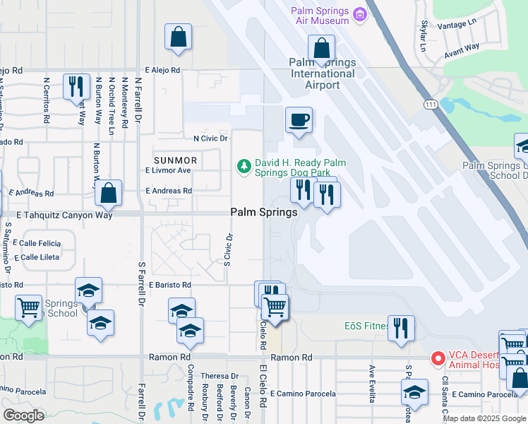 map of restaurants, bars, coffee shops, grocery stores, and more near in Palm Springs