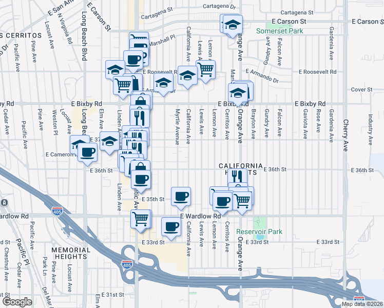 map of restaurants, bars, coffee shops, grocery stores, and more near 3630 California Avenue in Long Beach