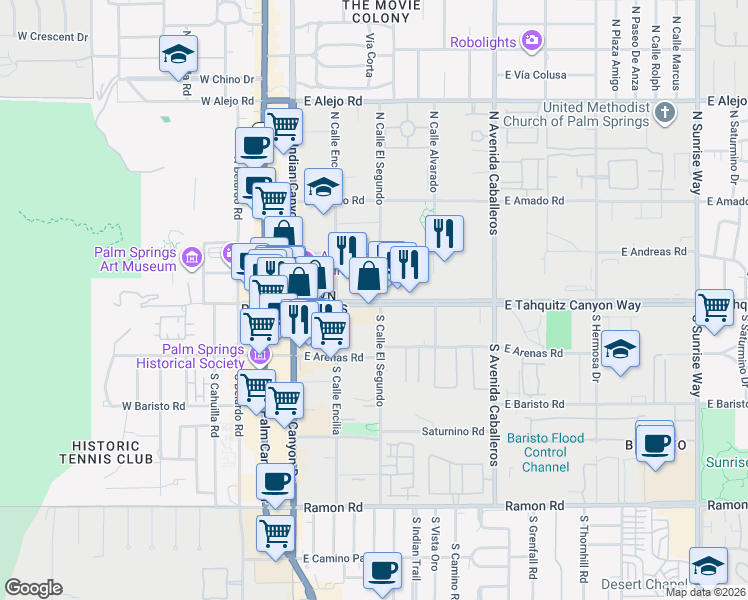 map of restaurants, bars, coffee shops, grocery stores, and more near 480 East Tahquitz Canyon Way in Palm Springs