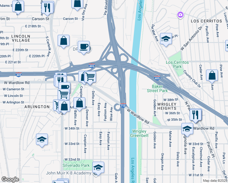 map of restaurants, bars, coffee shops, grocery stores, and more near 1219 West Maddox Street in Long Beach