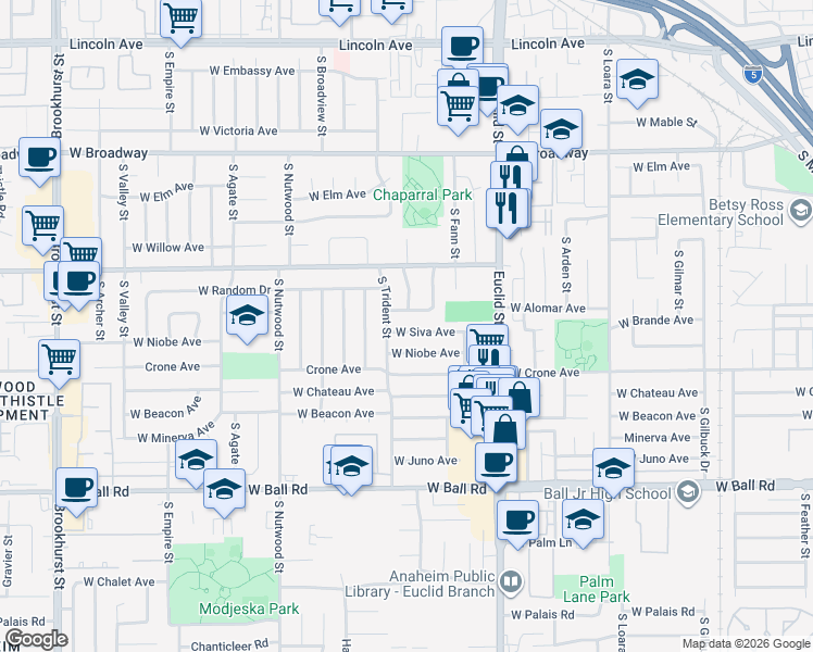map of restaurants, bars, coffee shops, grocery stores, and more near 1783 West Siva Avenue in Anaheim