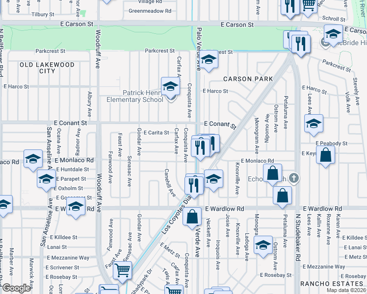 map of restaurants, bars, coffee shops, grocery stores, and more near 3635 Conquista Avenue in Long Beach