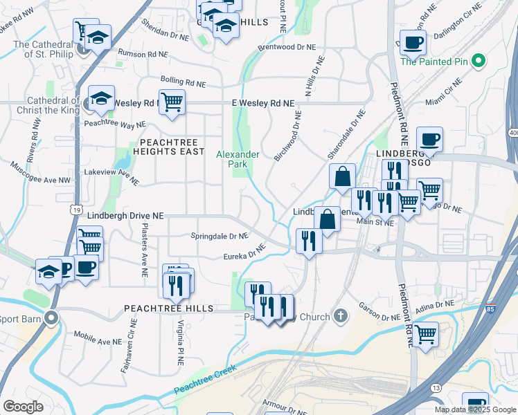 map of restaurants, bars, coffee shops, grocery stores, and more near Springdale Drive Northeast in Atlanta