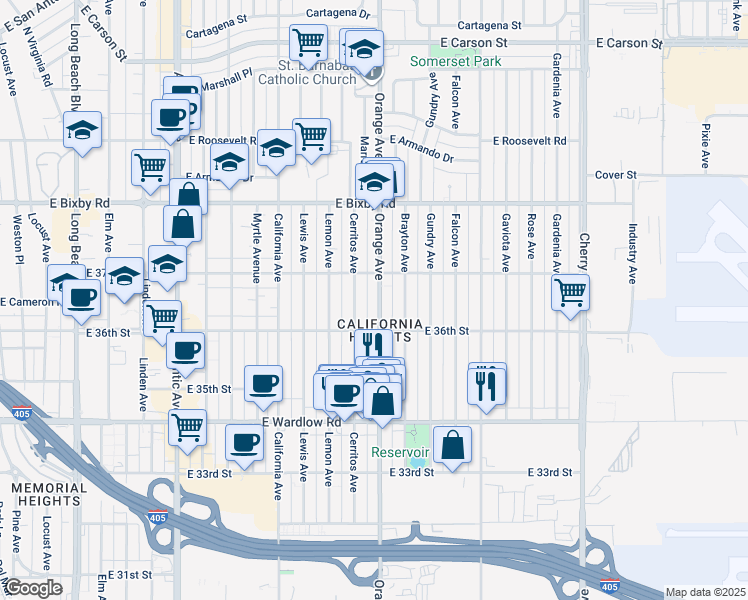 map of restaurants, bars, coffee shops, grocery stores, and more near in Long Beach