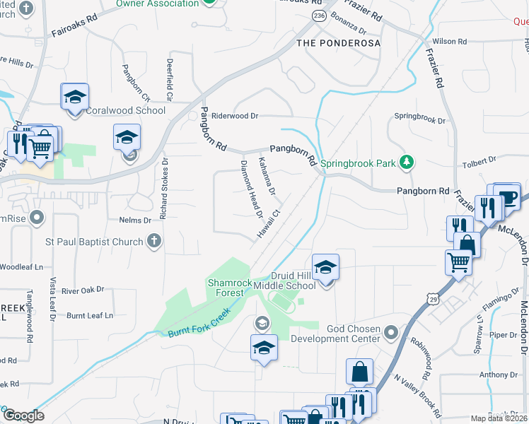 map of restaurants, bars, coffee shops, grocery stores, and more near 1445 Diamond Head Drive in Decatur