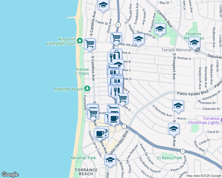 map of restaurants, bars, coffee shops, grocery stores, and more near 230 Avenue E in Redondo Beach