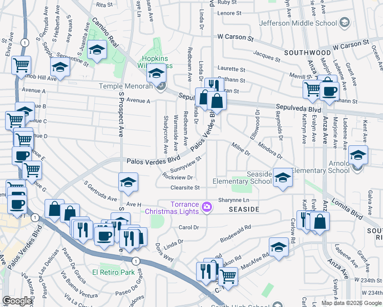 map of restaurants, bars, coffee shops, grocery stores, and more near 5422 Palos Verdes Boulevard in Torrance