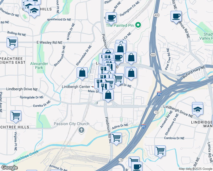 map of restaurants, bars, coffee shops, grocery stores, and more near 2500 Piedmont Rd NE in Atlanta