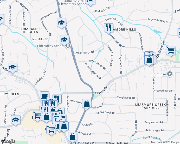 map of restaurants, bars, coffee shops, grocery stores, and more near 1361 Council Bluff Drive Northeast in Atlanta