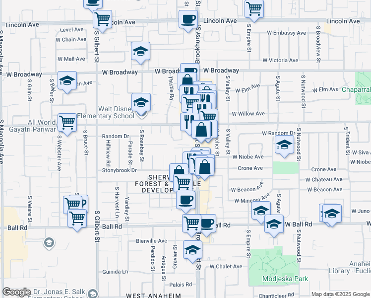 map of restaurants, bars, coffee shops, grocery stores, and more near 2266 West Anacasa Way in Anaheim