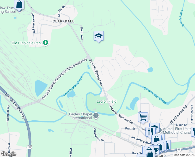 map of restaurants, bars, coffee shops, grocery stores, and more near 5360 Austell Powder Springs Road Southwest in Austell