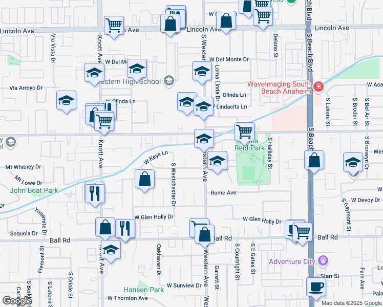 map of restaurants, bars, coffee shops, grocery stores, and more near 631 South Western Avenue in Anaheim