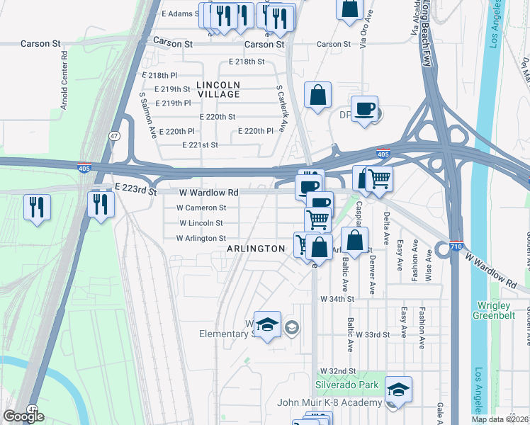 map of restaurants, bars, coffee shops, grocery stores, and more near 1900 West Cameron Street in Long Beach
