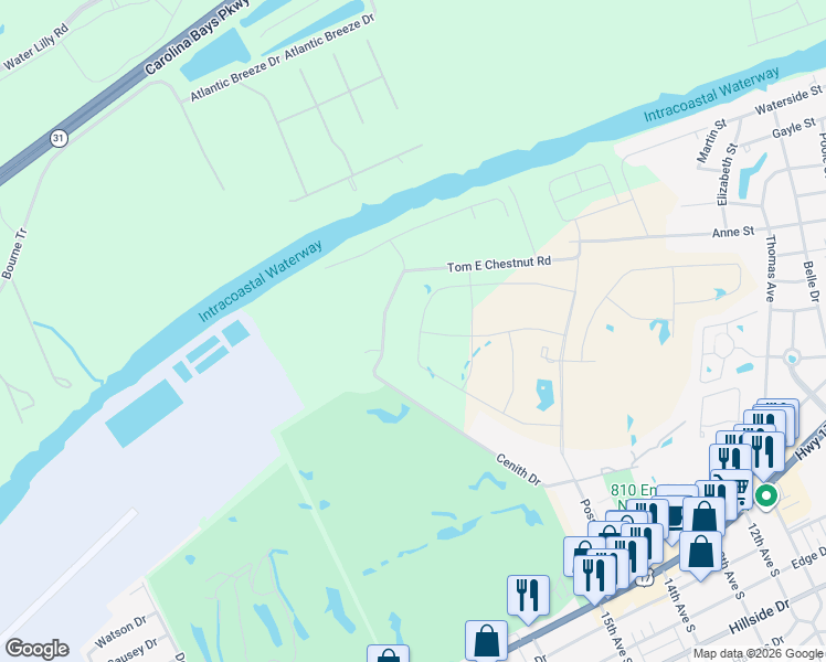 map of restaurants, bars, coffee shops, grocery stores, and more near 1765 Tom E Chestnut Road in North Myrtle Beach