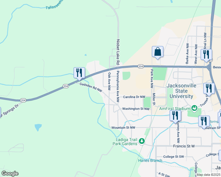 map of restaurants, bars, coffee shops, grocery stores, and more near 404 Oak Avenue Northwest in Jacksonville