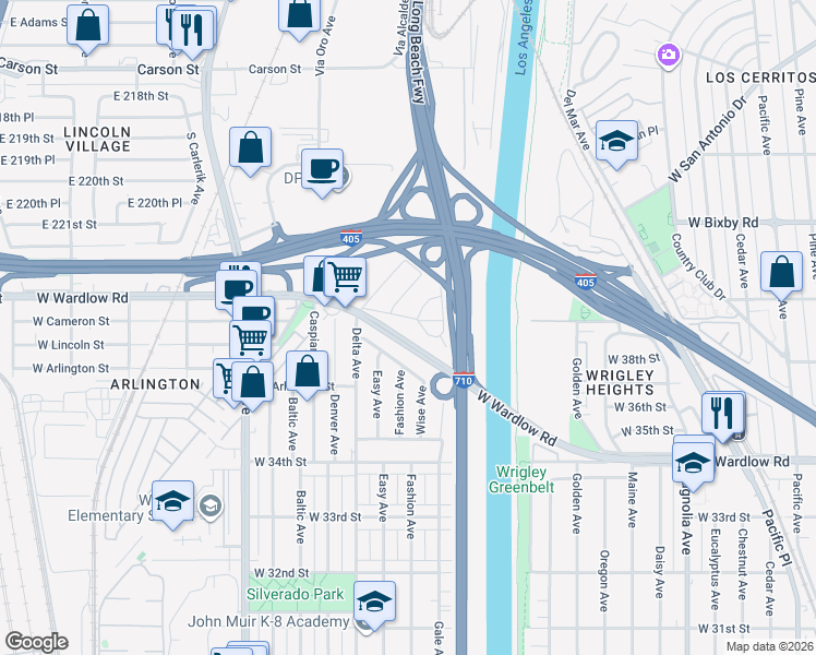 map of restaurants, bars, coffee shops, grocery stores, and more near 1308 Baker Street in Long Beach