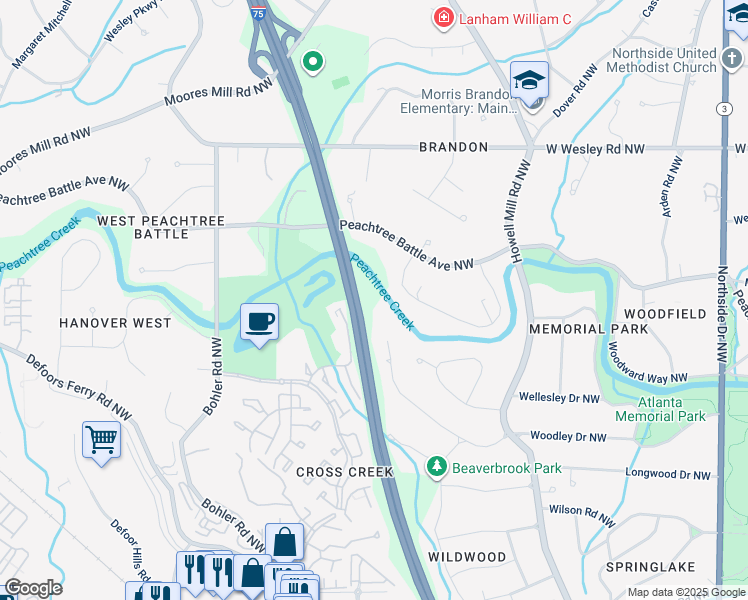 map of restaurants, bars, coffee shops, grocery stores, and more near 1080 Northcliffe Drive Northwest in Atlanta