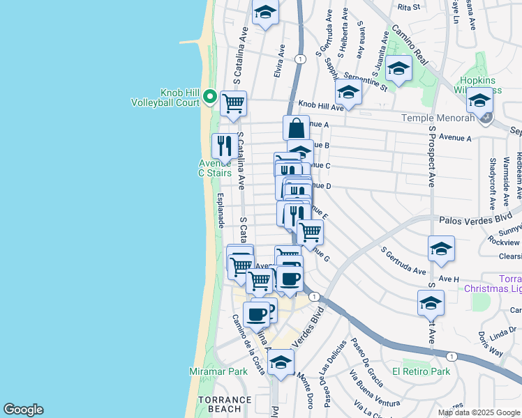 map of restaurants, bars, coffee shops, grocery stores, and more near 208 Avenue East in Redondo Beach