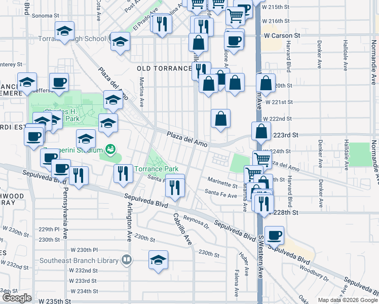 map of restaurants, bars, coffee shops, grocery stores, and more near 2415 Cabrillo Avenue in Torrance