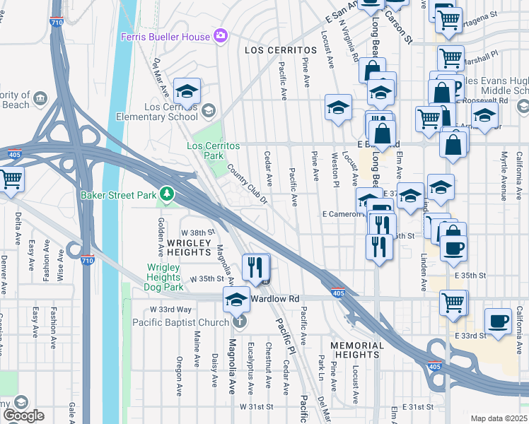 map of restaurants, bars, coffee shops, grocery stores, and more near 3673 North Country Club Drive in Long Beach