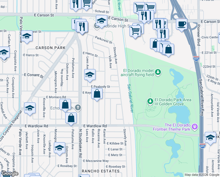 map of restaurants, bars, coffee shops, grocery stores, and more near 7118 East Peabody Street in Long Beach