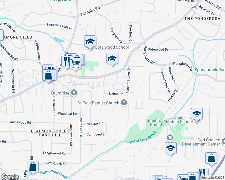 map of restaurants, bars, coffee shops, grocery stores, and more near 1389 Oakridge Circle in Decatur